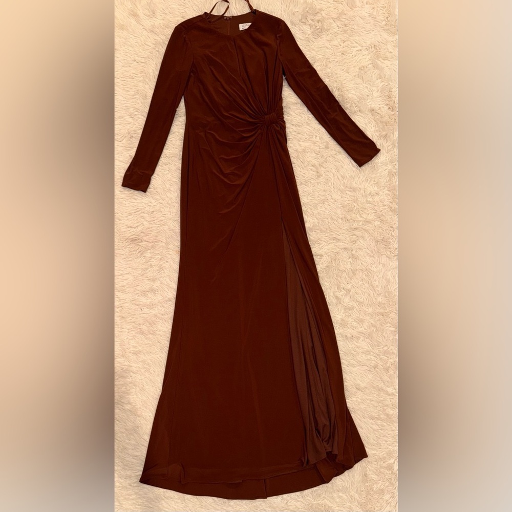 NWOT Mac Duggal Chocolate 55708 Long Sleeve Keyhole Draped  Jersey Maxi Gown 2 - Picture 5 of 8